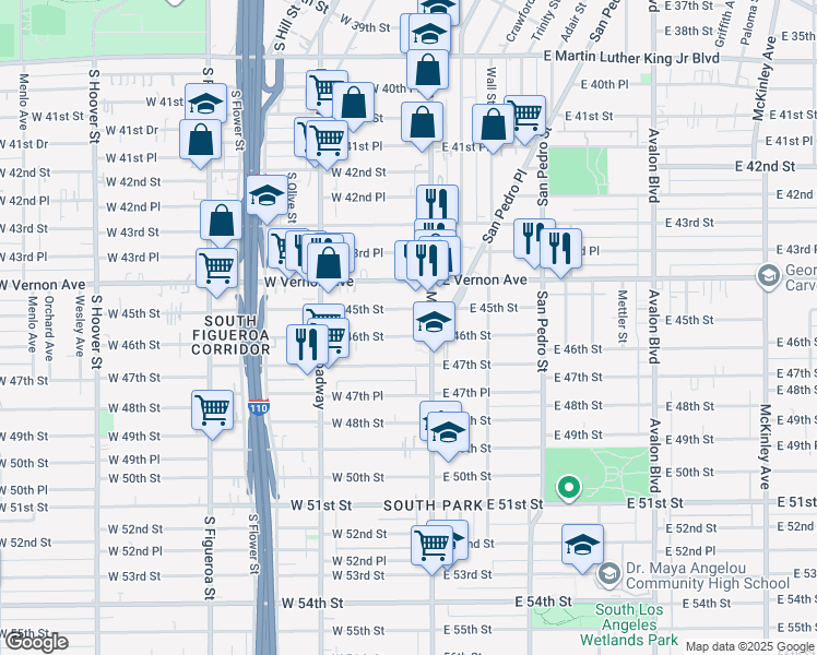 map of restaurants, bars, coffee shops, grocery stores, and more near 127 1/2 West 46th Street in Los Angeles