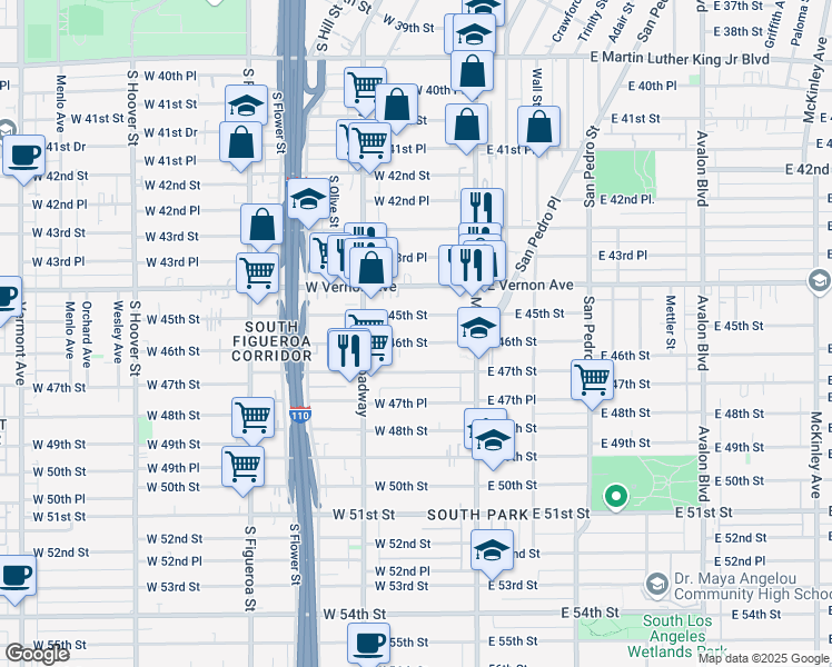 map of restaurants, bars, coffee shops, grocery stores, and more near 208 West 46th Street in Los Angeles