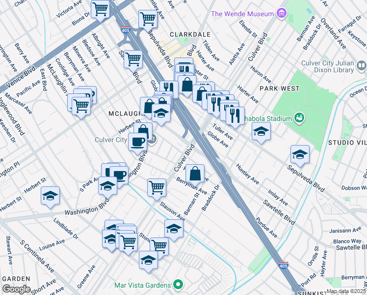 map of restaurants, bars, coffee shops, grocery stores, and more near 11355 Culver Boulevard in Los Angeles