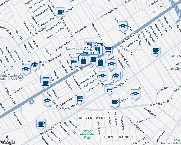 map of restaurants, bars, coffee shops, grocery stores, and more near 12444 Pacific Avenue in Los Angeles