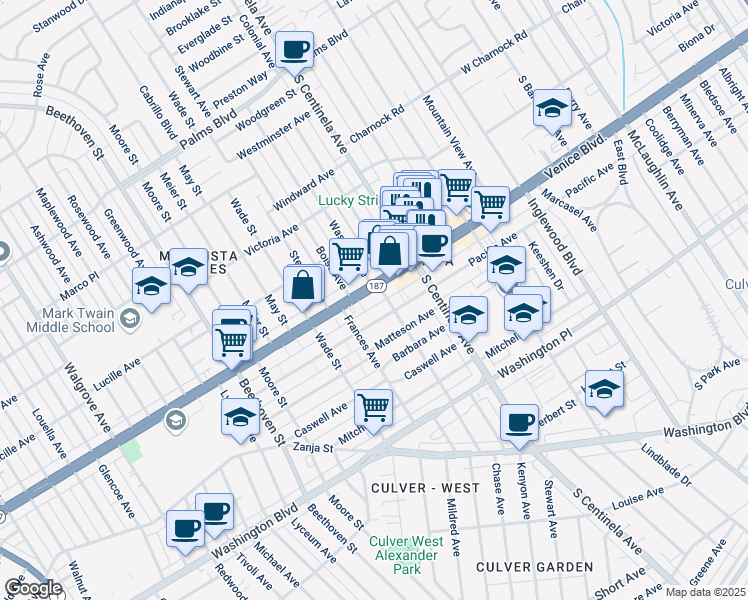 map of restaurants, bars, coffee shops, grocery stores, and more near 12518 Venice Boulevard in Los Angeles