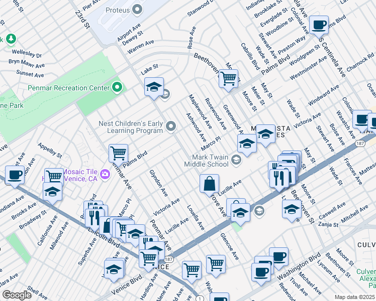 map of restaurants, bars, coffee shops, grocery stores, and more near 2013 Walgrove Avenue in Los Angeles