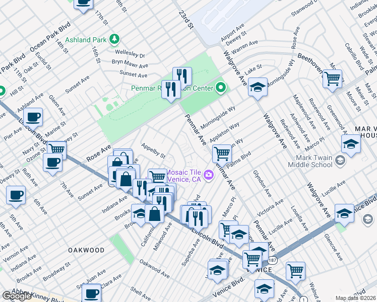 map of restaurants, bars, coffee shops, grocery stores, and more near 1422 Elkgrove Circle in Los Angeles