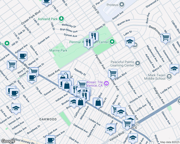 map of restaurants, bars, coffee shops, grocery stores, and more near 1051 Elkgrove Avenue in Los Angeles