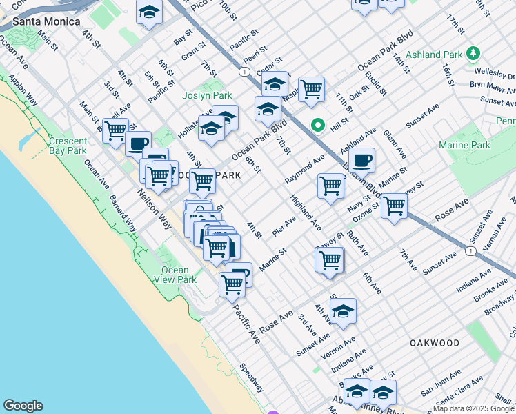 map of restaurants, bars, coffee shops, grocery stores, and more near 420 Raymond Avenue in Santa Monica