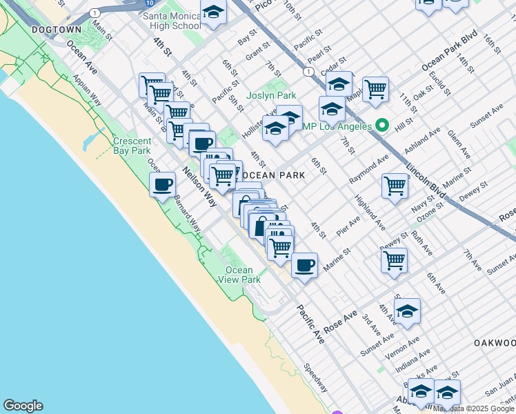 map of restaurants, bars, coffee shops, grocery stores, and more near 2621 2nd Street in Santa Monica