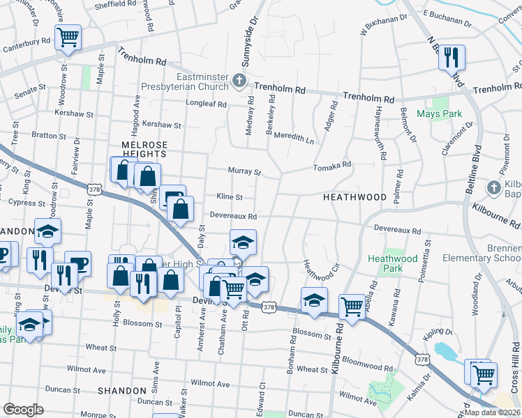 map of restaurants, bars, coffee shops, grocery stores, and more near 3333 Devereaux Road in Columbia