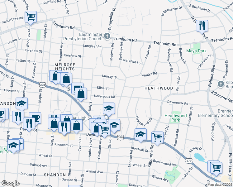 map of restaurants, bars, coffee shops, grocery stores, and more near 3333 Devereaux Road in Columbia