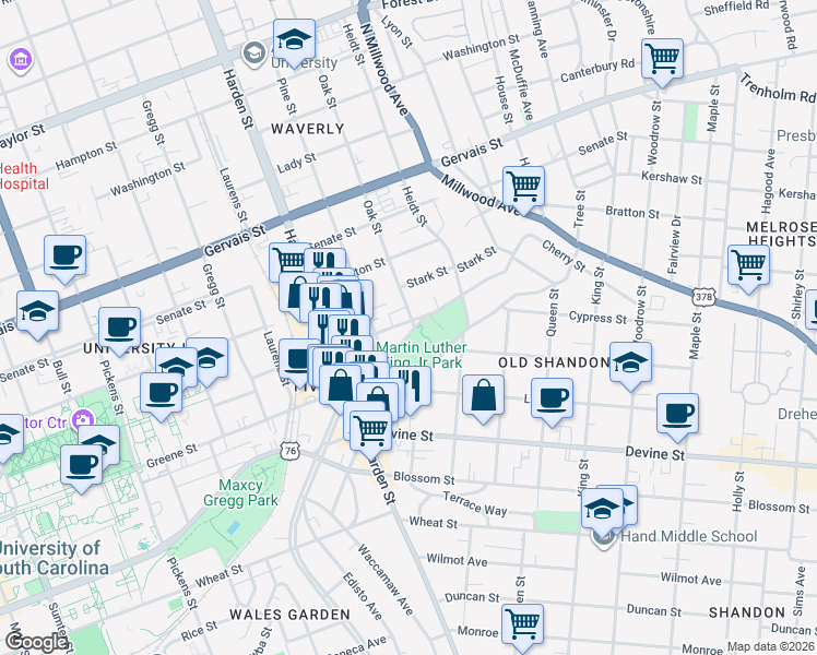 map of restaurants, bars, coffee shops, grocery stores, and more near 2300 Greene Street in Columbia