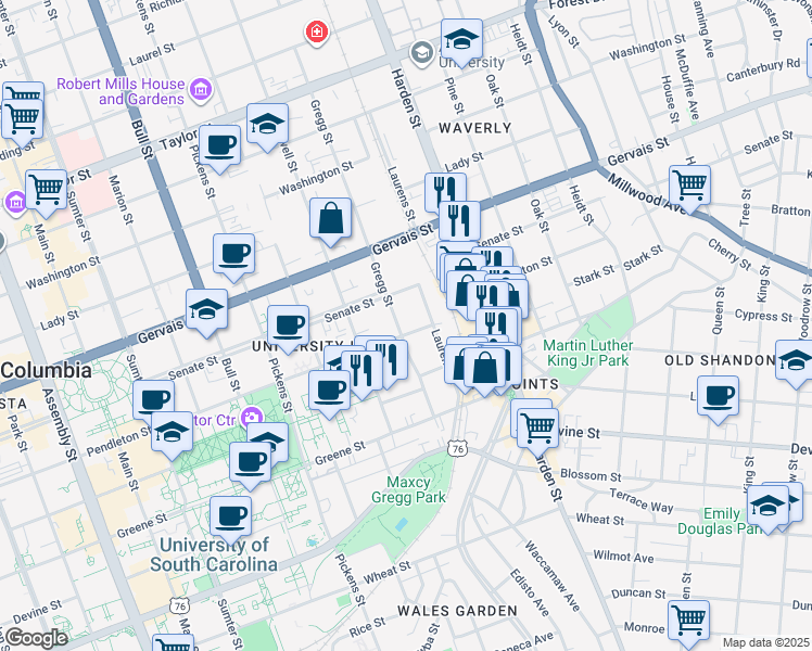 map of restaurants, bars, coffee shops, grocery stores, and more near in Columbia
