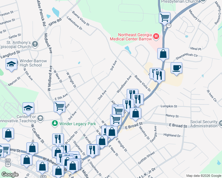 map of restaurants, bars, coffee shops, grocery stores, and more near 357 2nd Avenue in Winder
