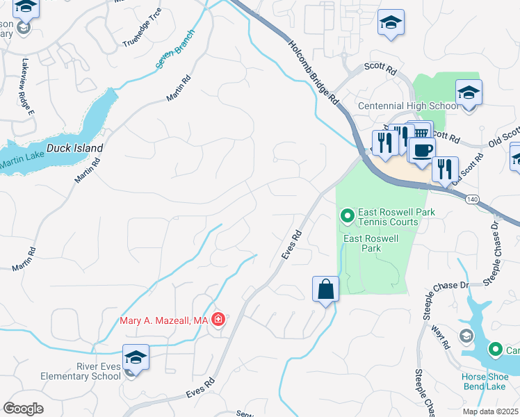 map of restaurants, bars, coffee shops, grocery stores, and more near 9150 Branch Valley Way in Roswell