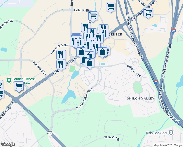 map of restaurants, bars, coffee shops, grocery stores, and more near 2015 Barrett Lakes Boulevard in Kennesaw