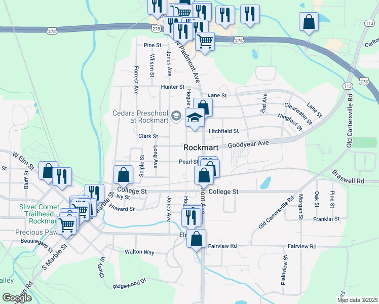 map of restaurants, bars, coffee shops, grocery stores, and more near 610 Pearl Street in Rockmart