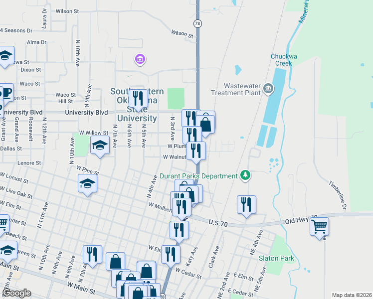 map of restaurants, bars, coffee shops, grocery stores, and more near 1223 North 1st Avenue in Durant