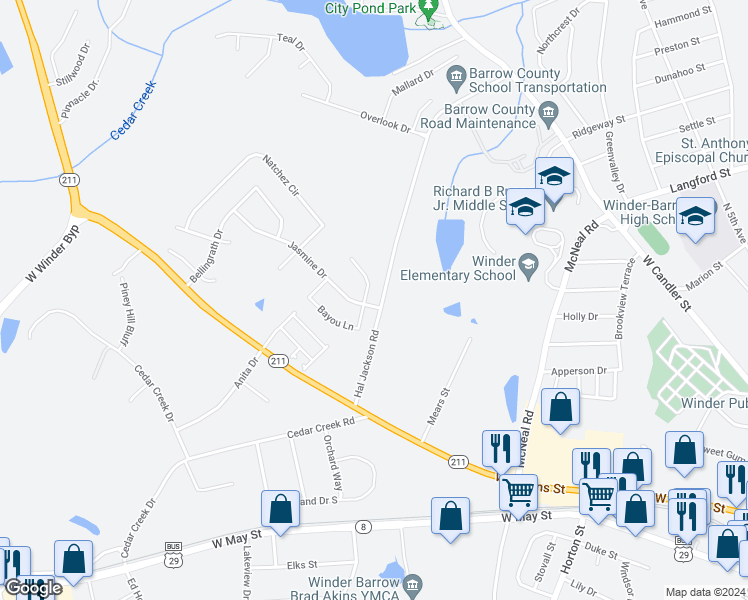map of restaurants, bars, coffee shops, grocery stores, and more near 403 Jasmine Drive in Winder