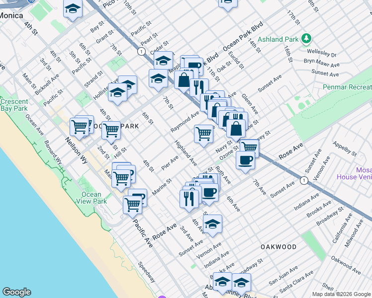 map of restaurants, bars, coffee shops, grocery stores, and more near 3001 Highland Avenue in Santa Monica