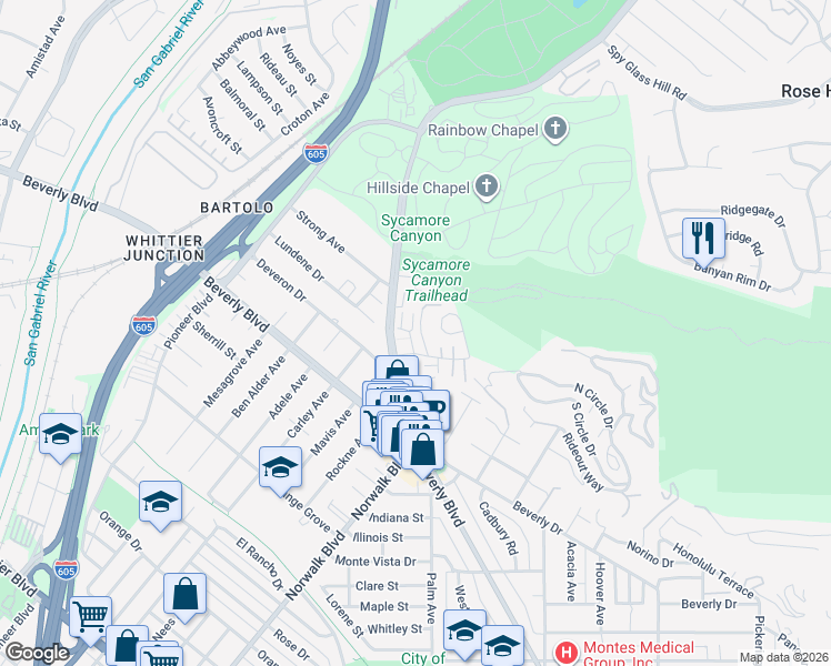 map of restaurants, bars, coffee shops, grocery stores, and more near 10601 Cordoba Court in Whittier