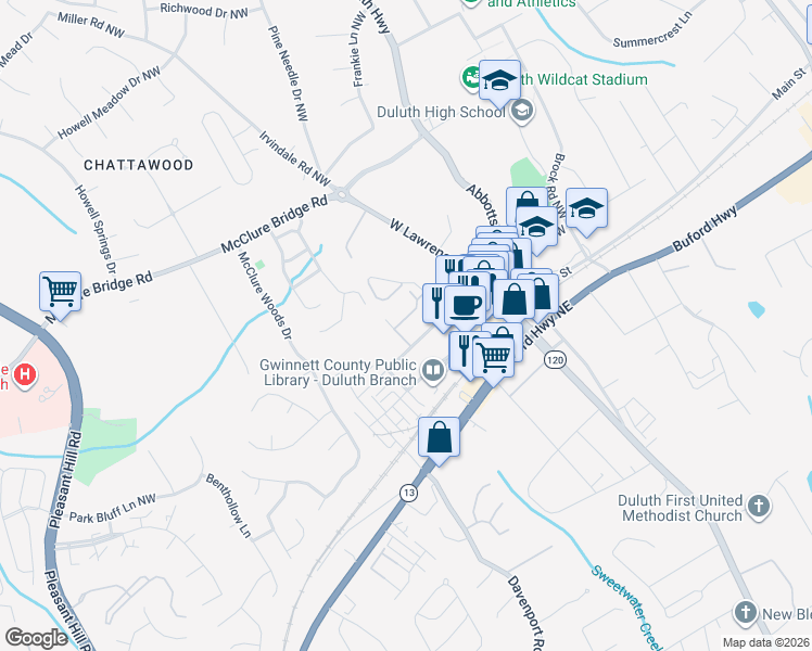map of restaurants, bars, coffee shops, grocery stores, and more near 3230 Ridge Towne Place in Duluth