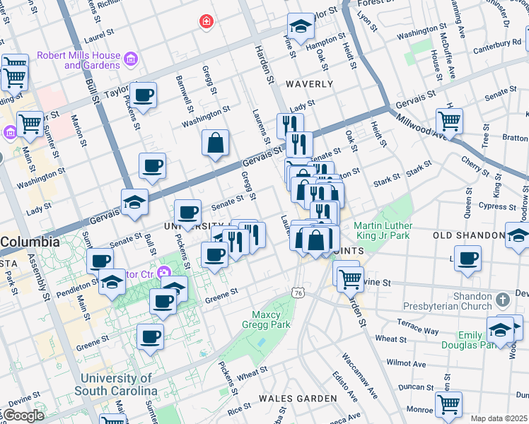 map of restaurants, bars, coffee shops, grocery stores, and more near in Columbia