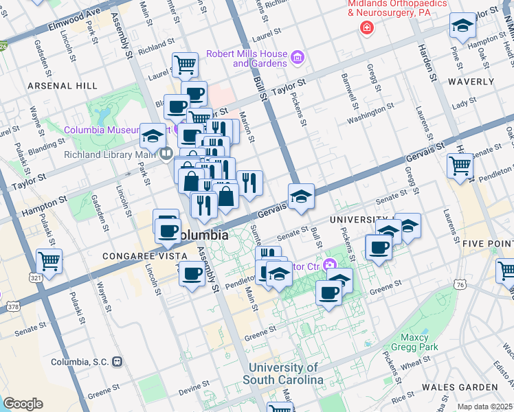 map of restaurants, bars, coffee shops, grocery stores, and more near in Columbia
