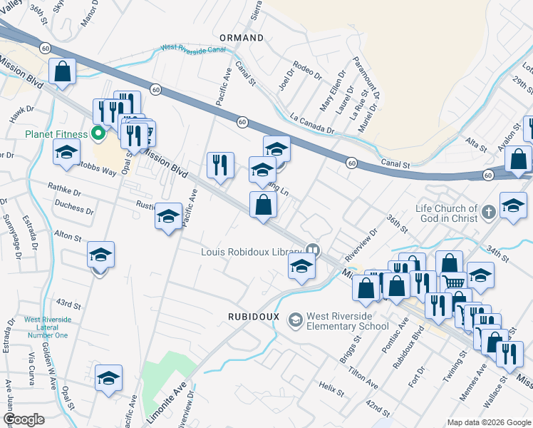 map of restaurants, bars, coffee shops, grocery stores, and more near 5949 Mission Boulevard in Riverside