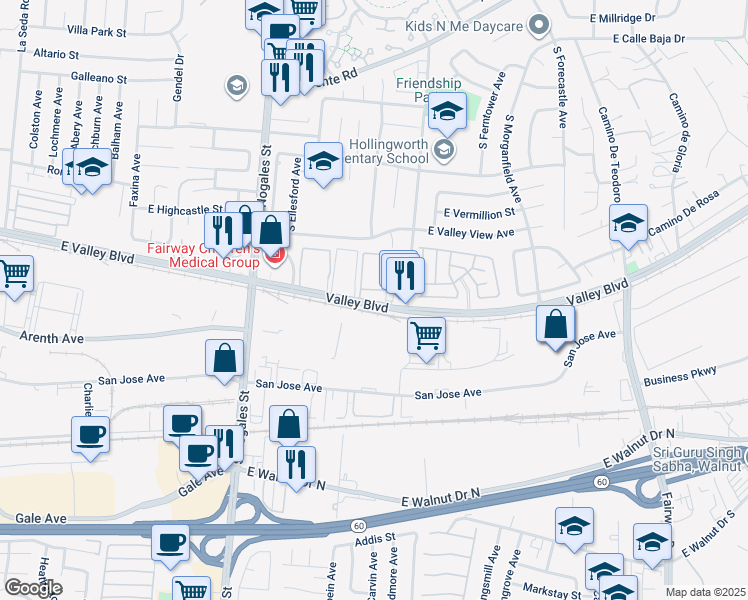 map of restaurants, bars, coffee shops, grocery stores, and more near 2867 Valley Boulevard in West Covina