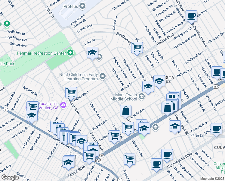 map of restaurants, bars, coffee shops, grocery stores, and more near 2013 Walgrove Avenue in Los Angeles