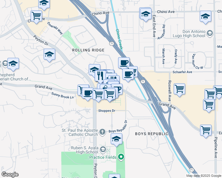 map of restaurants, bars, coffee shops, grocery stores, and more near 3493 Grand Avenue in Chino Hills