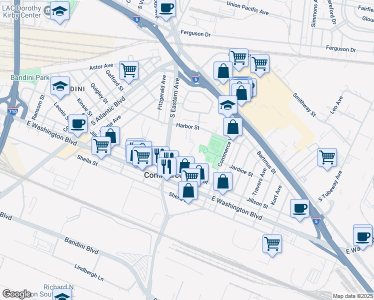 map of restaurants, bars, coffee shops, grocery stores, and more near 2340 South Eastern Avenue in Commerce