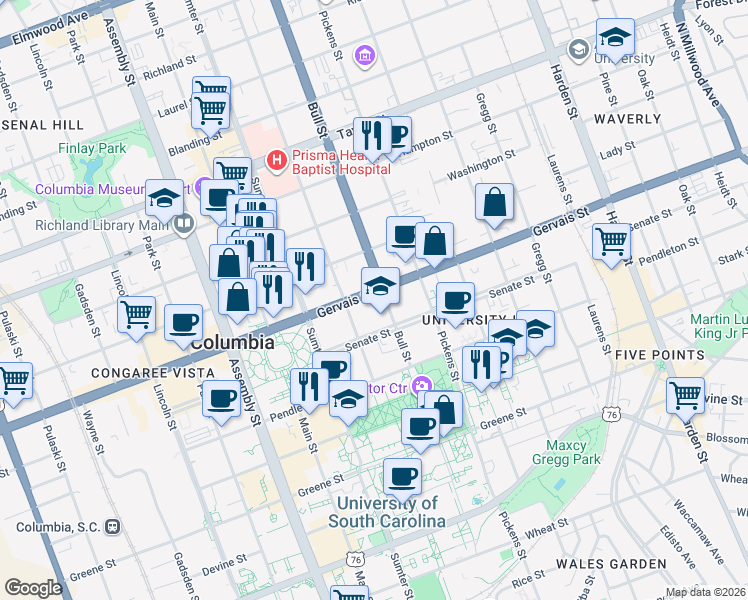 map of restaurants, bars, coffee shops, grocery stores, and more near 1111 Bull Street in Columbia