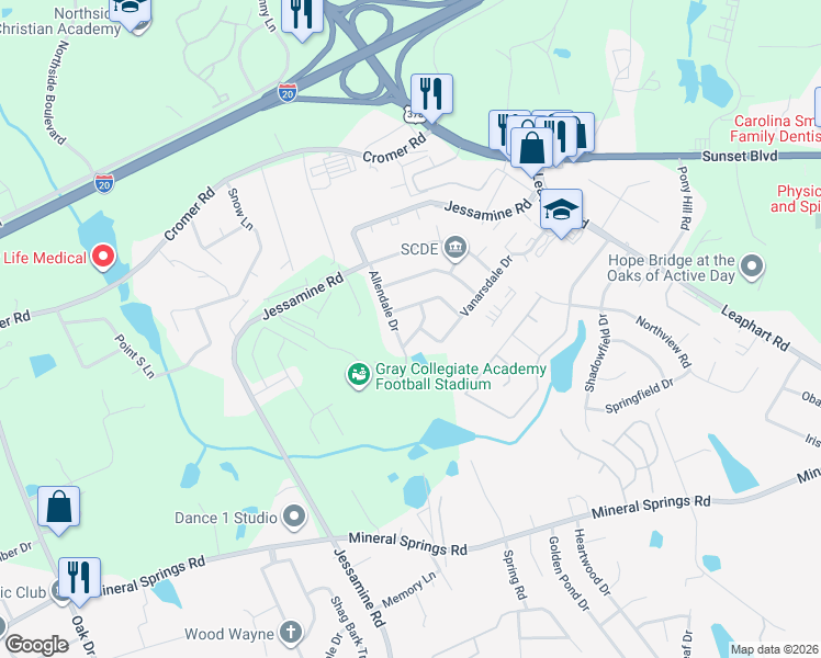 map of restaurants, bars, coffee shops, grocery stores, and more near 118 Lander Drive in West Columbia