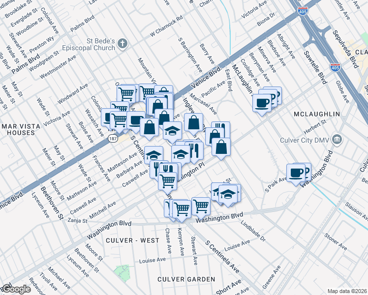 map of restaurants, bars, coffee shops, grocery stores, and more near 3960 Grand View Boulevard in Los Angeles