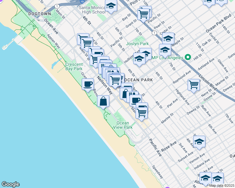 map of restaurants, bars, coffee shops, grocery stores, and more near 156 Fraser Avenue in Santa Monica