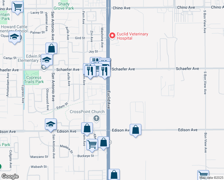 map of restaurants, bars, coffee shops, grocery stores, and more near 13835 Euclid Avenue in Ontario