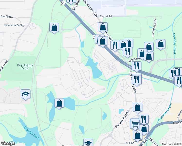 map of restaurants, bars, coffee shops, grocery stores, and more near 1949 Lakeshore Overlook Circle Northwest in Kennesaw