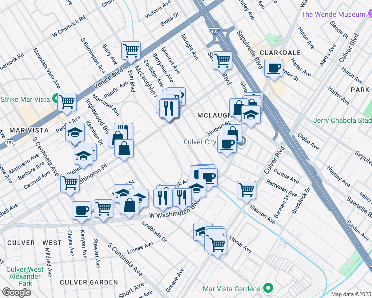 map of restaurants, bars, coffee shops, grocery stores, and more near 4081 McLaughlin Avenue in Los Angeles