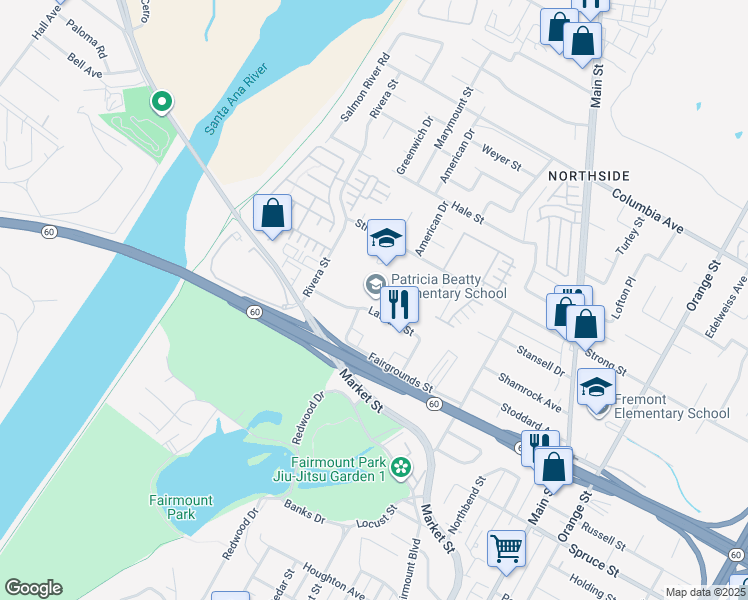 map of restaurants, bars, coffee shops, grocery stores, and more near 4261 Latham Street in Riverside