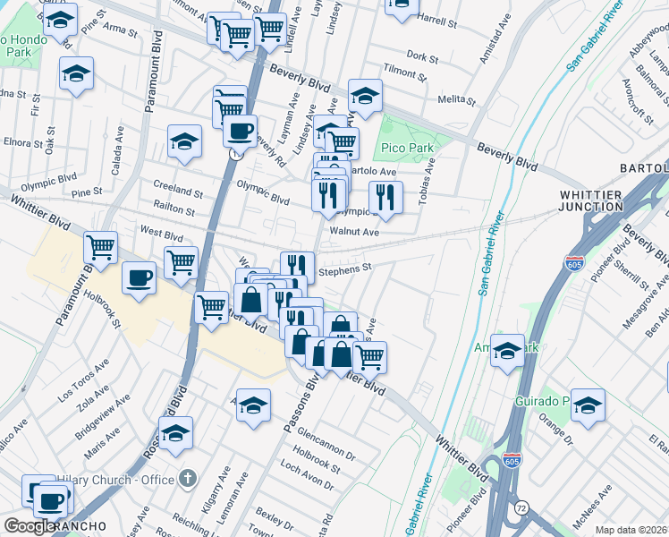 map of restaurants, bars, coffee shops, grocery stores, and more near 9324 Via Azul in Pico Rivera