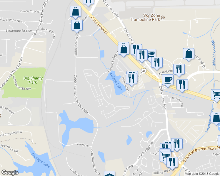 map of restaurants, bars, coffee shops, grocery stores, and more near 1963 Lakeshore Overlook Circle Northwest in Kennesaw