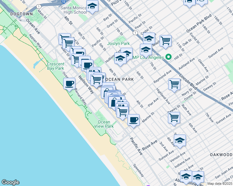 map of restaurants, bars, coffee shops, grocery stores, and more near 2618 3rd Street in Santa Monica