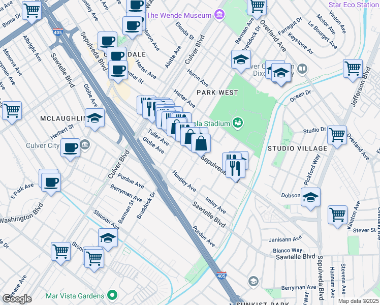 map of restaurants, bars, coffee shops, grocery stores, and more near 11226 Braddock Drive in Culver City
