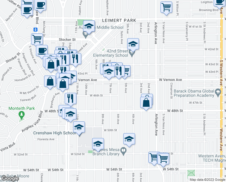 map of restaurants, bars, coffee shops, grocery stores, and more near 4524 7th Avenue in Los Angeles