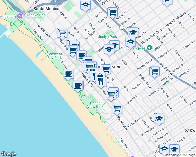 map of restaurants, bars, coffee shops, grocery stores, and more near 235 Hill Street in Santa Monica