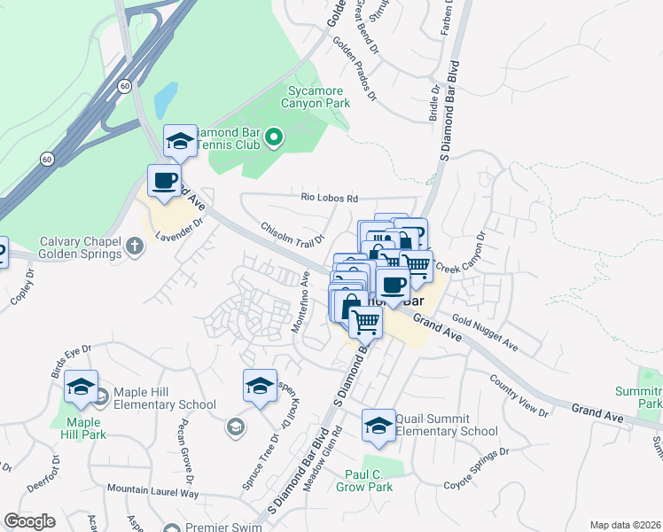 map of restaurants, bars, coffee shops, grocery stores, and more near 1020 South grand Avenue in Diamond Bar