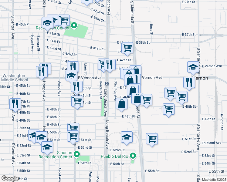 map of restaurants, bars, coffee shops, grocery stores, and more near 4517 Staunton Avenue in Vernon