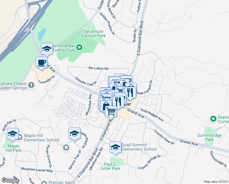 map of restaurants, bars, coffee shops, grocery stores, and more near 1155 South Diamond Bar Boulevard in Diamond Bar