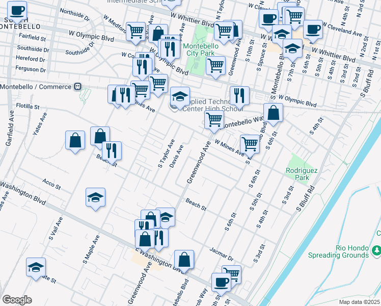 map of restaurants, bars, coffee shops, grocery stores, and more near 637 Carmelita Place in Montebello