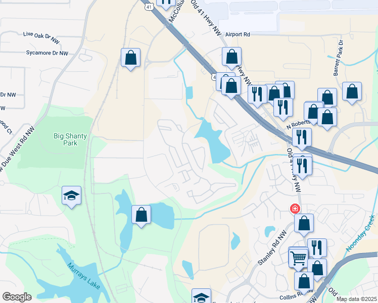 map of restaurants, bars, coffee shops, grocery stores, and more near 2089 Lakeshore Overlook Drive in Kennesaw