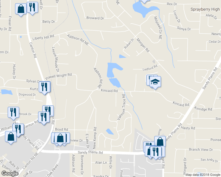 map of restaurants, bars, coffee shops, grocery stores, and more near 1255 Kincaid Road in Marietta